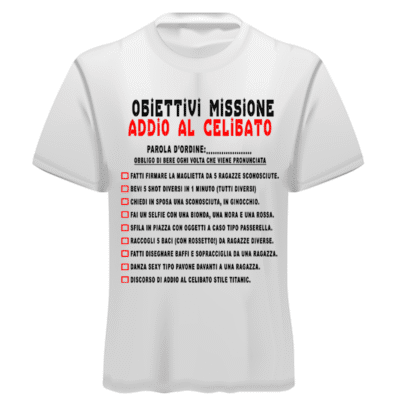 Gioco Addio al Celibato – T-Shirt Maglietta con Lista di Missioni Divertenti da Svolgere, Idea Regalo per Futuro Sposo e Festa tra Amici