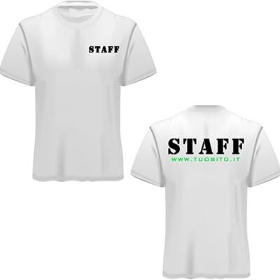 Maglietta Staff in Cotone 100% Bianca – T-Shirt da Lavoro Personalizzata Fronte Retro con Nome della Tua Azienda o Sito Web