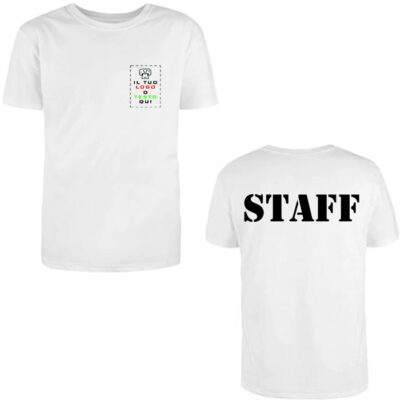 Maglietta T-Shirt Staff, Maglia personalizzabile per Team di Lavoro, Personalizzata con Stampa Fronte-Retro Scritta Staff e Logo della tua azienda o nome del personale, Taglie selezionabili